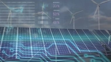Animation of computer circuit board and data processing over wind turbines and solar panels. Global technology, connections and digital interface concept digitally generated video.