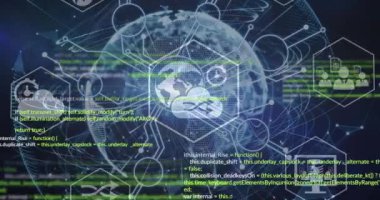 Animation of digital screen with data, connections and globe on navy background. Network, computers, data and technology concept digitally generated video.