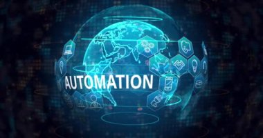 Animation of automation text with icons over globe on black background. Global business and digital interface concept digitally generated video.