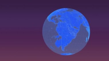 Animation of graphical rotating globe with blinking beams over violet background, copy space. Digitally generated, computer network, map and globalization concept.