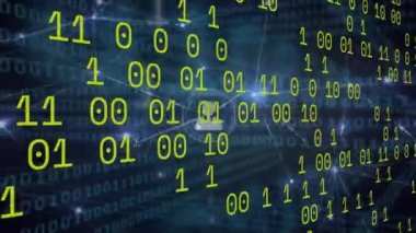 Mavi arkaplandaki ikili kodlama veri işleme ve bağlantı ağının animasyonu. Bilgisayar arayüzü ve iş teknolojisi kavramı