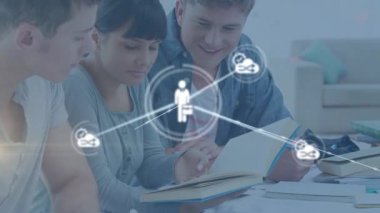 Animation of network of connections with icons over diverse group of students. Global education, connections and digital interface concept digitally generated video.