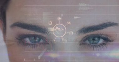 Animation of globe with connections and data over eyes of caucasian woman. Network, data and communication concept digitally generated video.