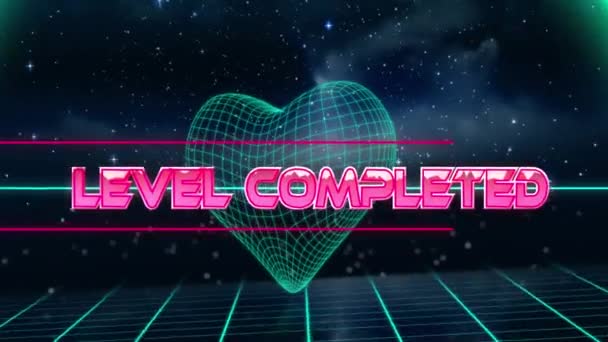 Animation Level Completed Text Triangular Shape Heart Grid Pattern Starry — Αρχείο Βίντεο