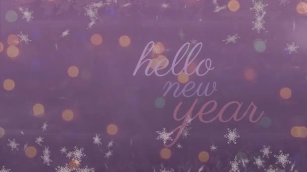 Animation Snowflakes Hello New Year Text Banner Spots Light Blue — Stockvideo