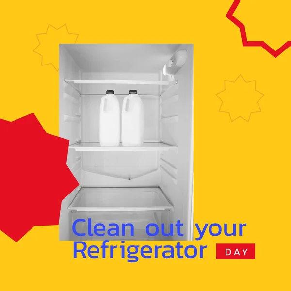Image of clean out you refrigerator day over yellow background with stars and fridge. Household, cleaning and food concept.