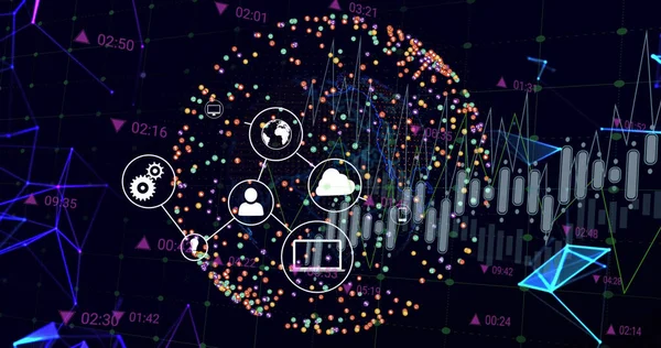 Image of data processing over globe with icons. Global business and digital interface concept digitally generated image