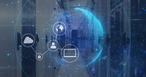 Image of data processing and globe with icons over server room. Global business and digital interface concept digitally generated image