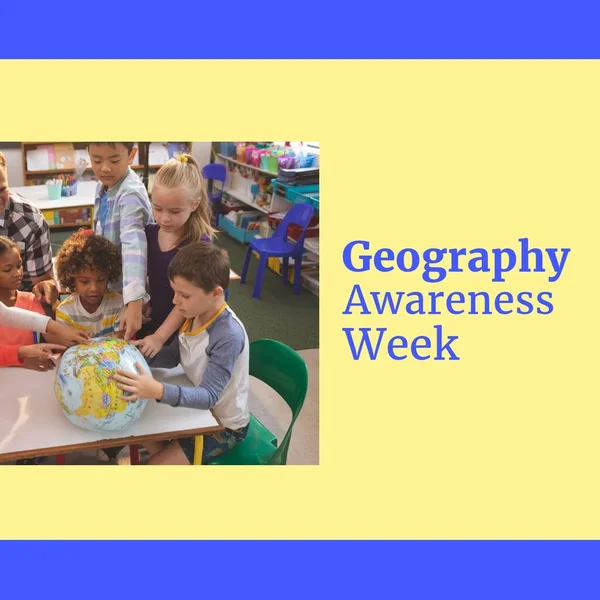 Image of geography awareness week over class of diverse pupils with globe. Geography, school and education concept.