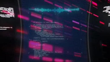 Animation of 6g text and data processing over black background. Global business and digital interface concept digitally generated video.