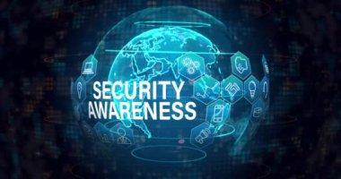Animation of security awareness text with icons over globe on black background. Global business and digital interface concept digitally generated video.