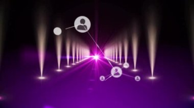 Siyah arkaplandaki ışık yollarının üzerindeki simgelerle bağlantı ağının animasyonu. Dijital olarak oluşturulmuş küresel bağlantılar, ışık ve dijital arayüz kavramı.