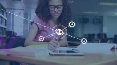Animation of network of connections with icons over biracial female student. Global education, connections and digital interface concept digitally generated video.