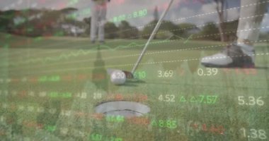 Animation of stock market data processing over mid section of a man playing golf at golf course. Global economy and sports concept