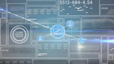 Digital animation of graphical interface with moving computer and phone icons connecting with lines. Digitally generated, social media, futuristic, technology and artificial intelligence.