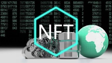 Nft metninin dünya ve ikili kodlama veri işlemesine karşı animasyonu. Bilgisayar arayüzü ve kripto para birimi teknolojisi kavramı