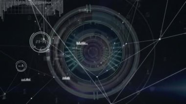 Siyah arkaplanda tarama kapsamı üzerinde veri işleme ile bağlantı ağının animasyonu. Küresel teknoloji, bağlantılar ve dijital arayüz konsepti dijital olarak oluşturulmuş video.