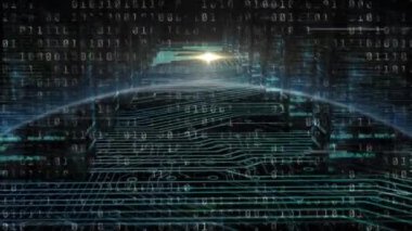 Animation of light, binary code, integrated circuit, globe and 6g. Computers, data, network and technology concept digitally generated video.