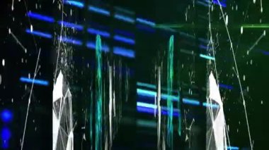 Animation of shapes and data processing over black background. Global business and digital interface concept digitally generated video.