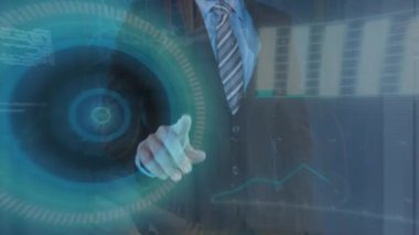 Animation of data processing and businessman over caucasian female worker in server room. Global business and digital interface concept digitally generated video.