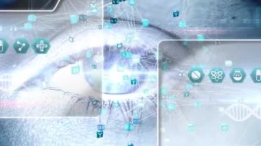 Animation of woman eye scanning infographics in globe shape and displays with dna helix and icons. Augmented reality, digital composite, surveillance, futuristic, iris, eye and technology concept.
