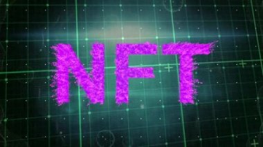 Nft metin afişinin şebeke ağı üzerinden siyah arkaplandaki bağlantı ağına karşı animasyonu. Kripto para birimi ve iş teknolojisi kavramı