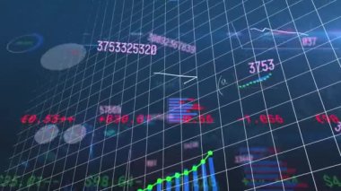 Animation of numbers, graphs and financial data on navy background. Science, math, data processing and technology concept digitally generated video.