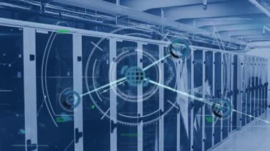 Animation of network of connections with icons over computer servers. Global connections, networks, computing and data processing concept digitally generated video.