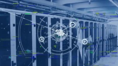 Animation of network of connections with globe and icons over computer servers. Global connections, networks, computing and data processing concept digitally generated video.
