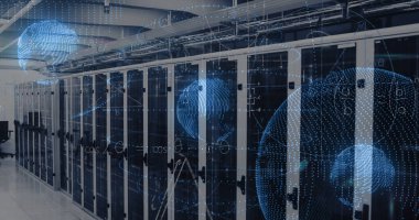 Sunucu odasının üzerindeki veri işleme ve küresinin resmi. küresel iş ve dijital arayüz kavramı dijital olarak oluşturulmuş görüntü