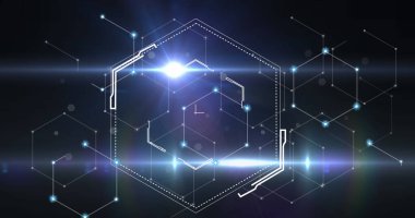 Altıgen ve ışıklarla bağlantılı ağ görüntüsü. Ağ, bağlantılar ve teknoloji konsepti dijital olarak oluşturuldu,