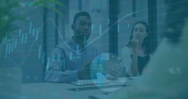 Animation of financial data processing over diverse business people at meeting. Global business, finances and digital interface concept digitally generated video.