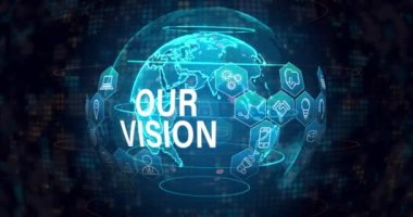 Animation of our vision text with icons over globe on black background. Global business and digital interface concept digitally generated video.