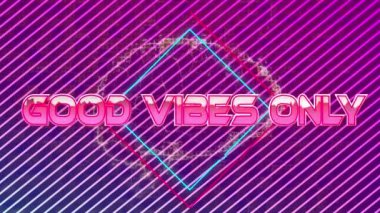Animation of good vibes only text with rotating graphical brain and square shapes over stripes. Abstract, digitally generated, motivation, positive emotion and web page concept.