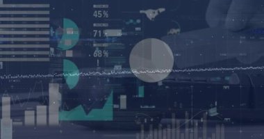 Animation of financial data and statistics over caucasian man paying with card at payment terminal. Global business, finances and data processing concept digitally generated video.