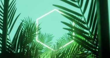 Animation of leaves over white neon hexagon on blue background. Light, pattern and movement concept digitally generated video.