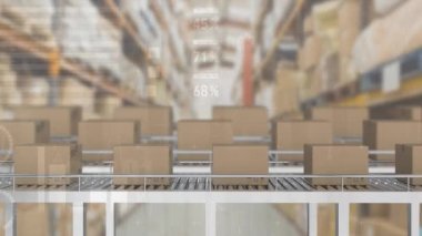 Animation of data processing over boxes on conveyor belt in warehouse. Global delivery and digital interface concept digitally generated video.