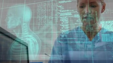 Animation of digital programming data and grid pattern over caucasian doctor analyzing medical x-ray. Hologram, digital composite, multiple exposure, coding, technology and healthcare concept.