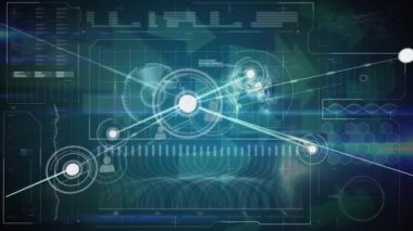 Mavi arka planda veri işleme ve simgelerin canlandırılması. küresel iş ve dijital arayüz kavramı dijital olarak oluşturulmuş video.