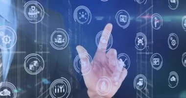 Animation of multiple digital icons over mid section of businessman touching invisible screen. Computer interface and business technology concept