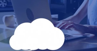 Animation of clouds with icons over caucasian woman using laptop. Global business and digital interface concept digitally generated video.