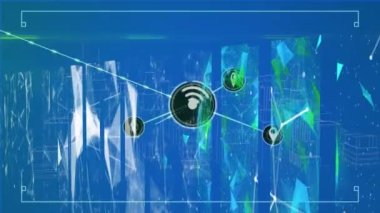 Animation of digital gps and computer network icons connecting with lines over graphical interface. Digitally generated, multiple exposure, internet, direction, futuristic and technology concept.