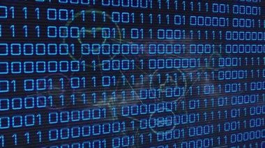 Animation of binary coding over media icons on black background. Global business and digital interface concept digitally generated video.
