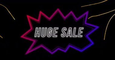 Animation of huge sale text in speech bubble over lines on black background. Global retail and digital interface concept digitally generated video.