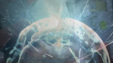 Animation of network of connections and globe over caucasian female worker using tablet. Global business and digital interface concept digitally generated video.