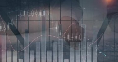 Animation of statistical data processing over mid section of businessman against cityscape. Business data and analytics technology concept