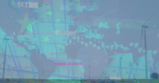 Animation Data Processing Wind Turbines World Map Flag China Global — Wideo stockowe