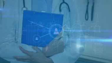 Animation of profile icons connecting with lines and buildings over smiling caucasian female doctor. Portrait, social media, digital composite, medical occupation and healthcare concept.