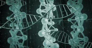 DNA iplikçiklerinin üzerinde veri işleme animasyonu. Küresel bilim ve dijital arayüz kavramı dijital olarak oluşturulmuş video.