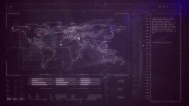 Animation of connections and data processing on digital screen with world map. Global network, connections, data processing and digital interface concept digitally generated video.